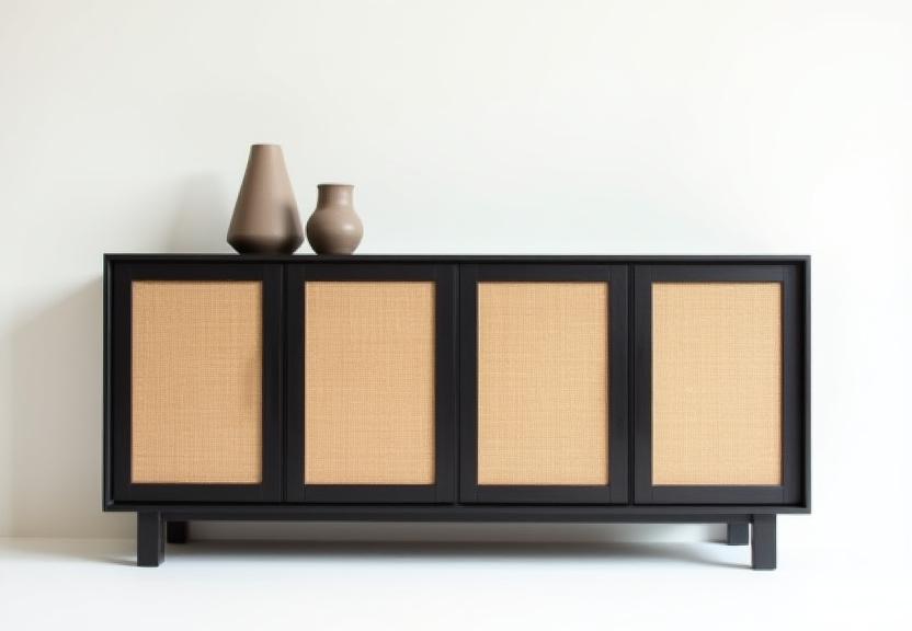 A stylish ebonized ash sideboard with natural cane webbing doors.