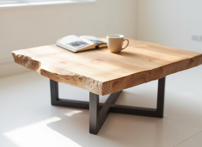 A rustic reclaimed maple coffee table with a geometric steel base.