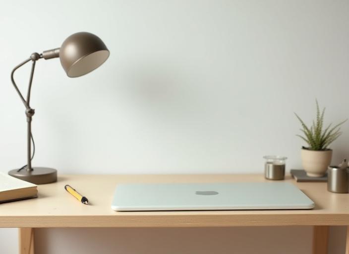 A clean and minimalist writing desk with a smooth linoleum surface.