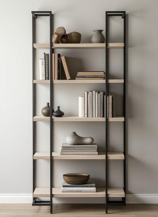 A tall, industrial-style white oak bookshelf with a blackened steel frame.