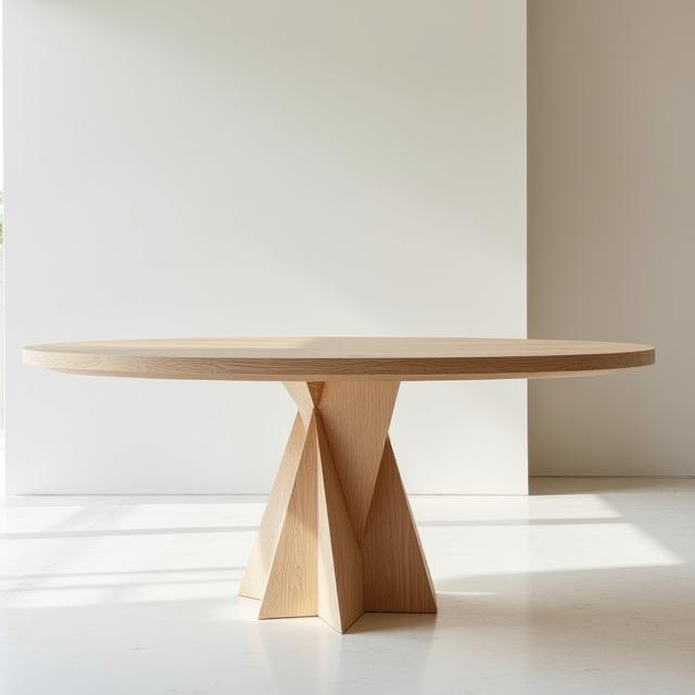 A round white oak dining table with a sculptural pedestal base.